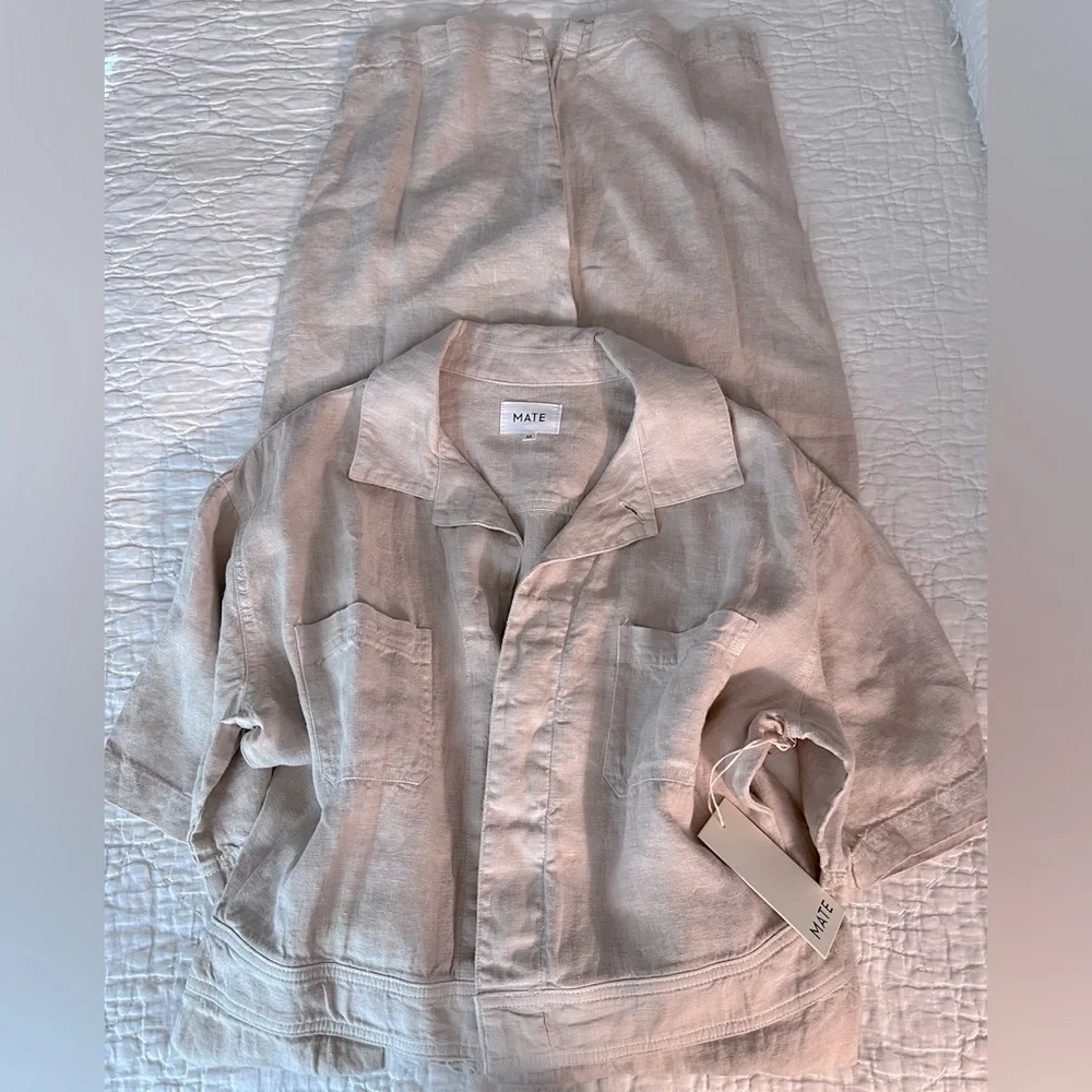 NWT Mate The Label 100% Organic Linen Natural Short Sleeve Button Up Jumpsuit - Picture 6 of 10